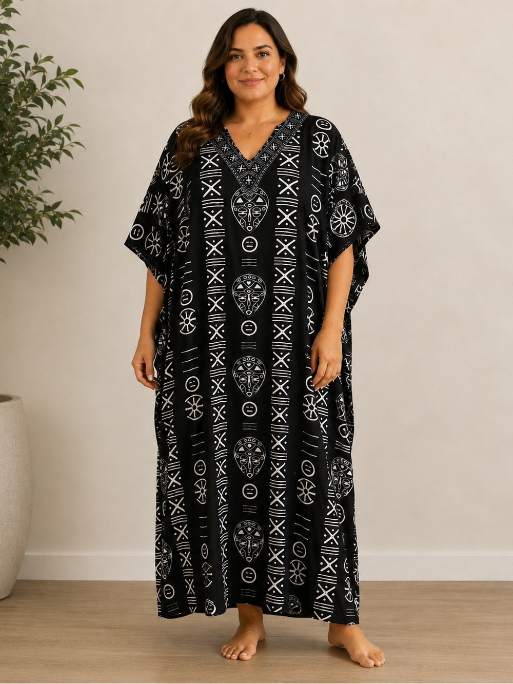 Gypsie Blu NWT One Size Black and White Tribal Boho Caftan Maxi Dress Side Slits